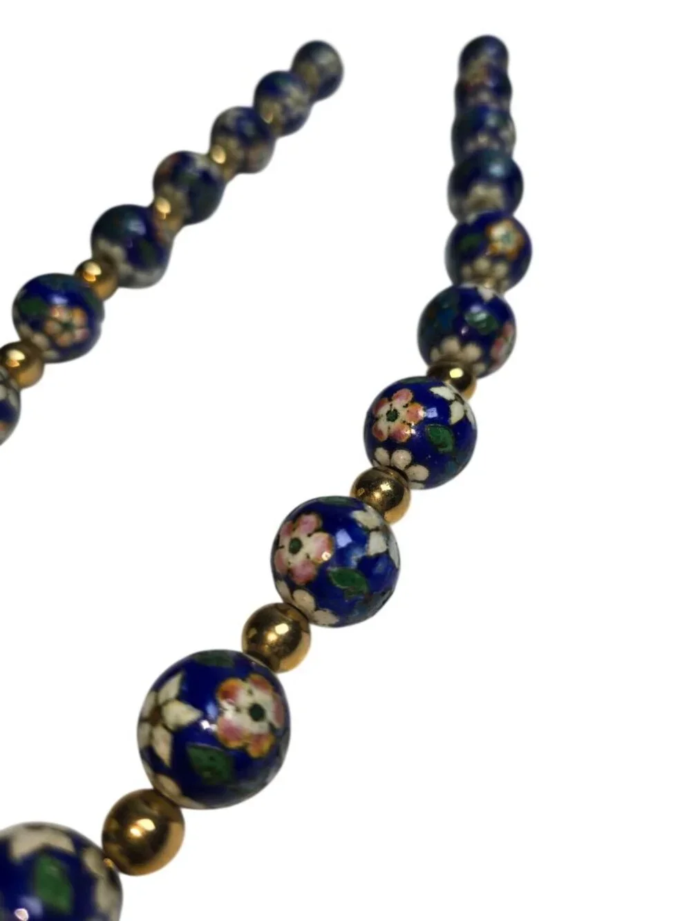 Vintage 1980s Chinese Cobalt Blue Cloisonné Floral Bead Necklace 30" - Picture 3 of 5